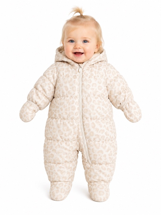 Old Navy Other - Old Navy Baby Snowsuit Bunting Beige Leopard Print Hooded Winter One Piece 3-6M